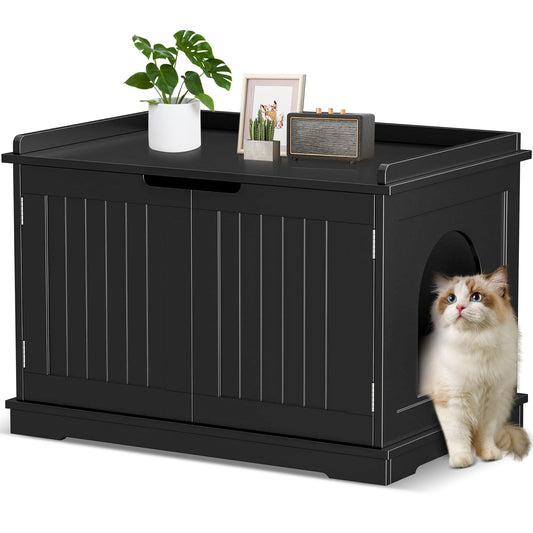 Cat Litter Box Enclosure, Litter Box Furniture Hidden, Wooden Cat Washroom, Cat Litter Box Cabinet, Indoor Cat House w/Removable Divider, as Table Nightstand Storage Bench (Black)