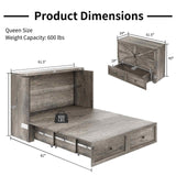 LUXOAK Murphy Bed Queen Size, Cabinet Bed with Charging Station Large Storage Drawer for Home Office or Small Room, Hideaway Bed Full Foldable Platform Bed, Rustic Grey LUXOAK