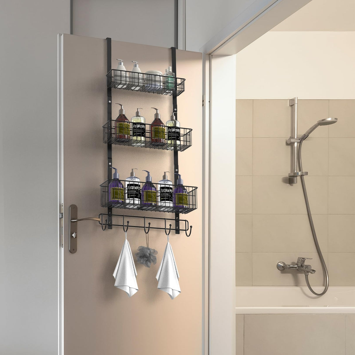 YBING Over The Door Organizer with Hooks 3 Tier Back Towel Hanger Baskets Metal Behind Hanging Storage Shelf Pantry Racks for Bedroom Bathroom Black, R01-R984 YBING