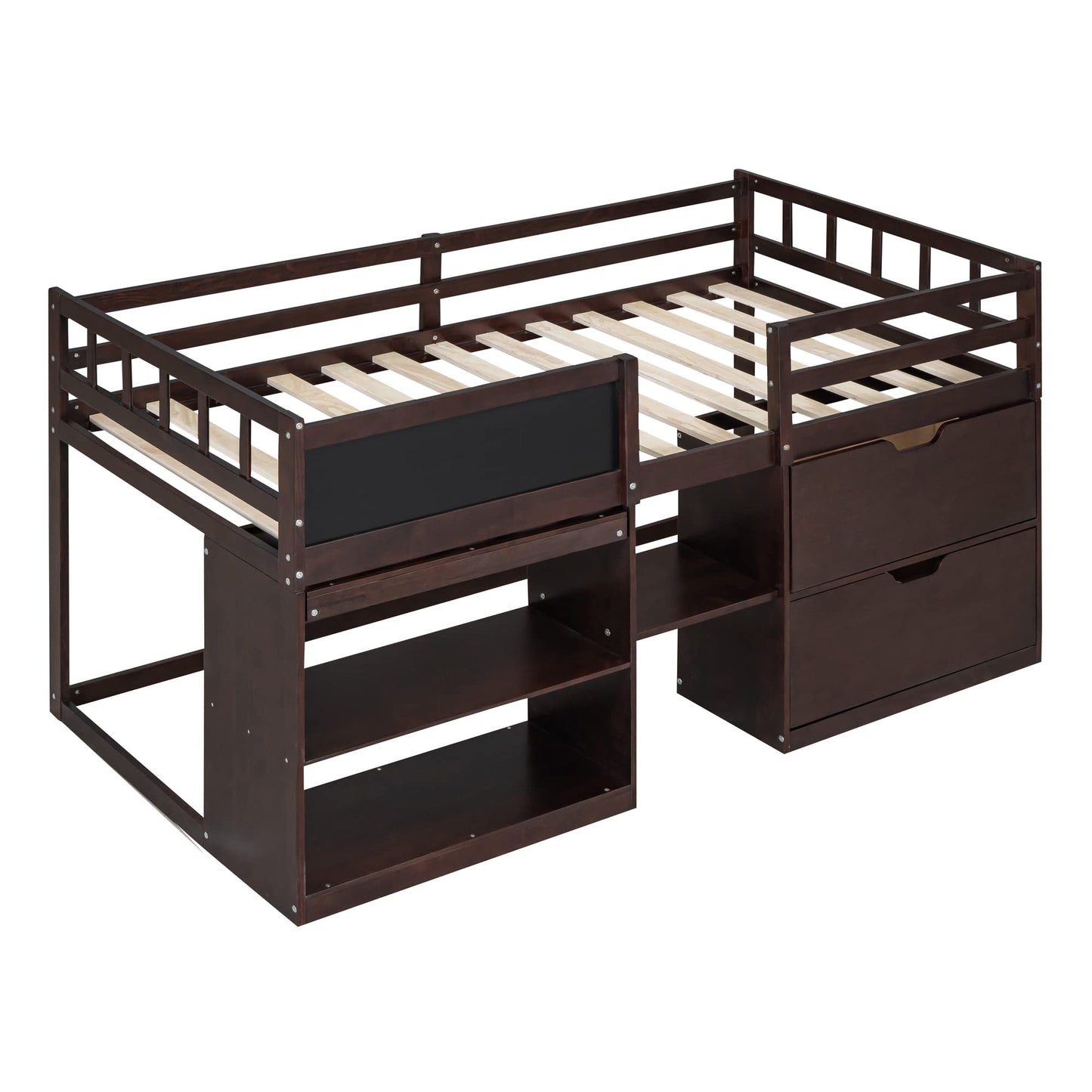 Harper & Bright Designs Low Loft Bed with Rolling Desk and Storage Shelves, Twin Size Loft Beds with 2 Drawers and Chalkboard, Wood Junior Twin Loft Bed Frame for Kids Boys Girls Teens, Espresso