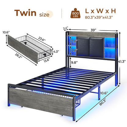 VIAGDO Twin Bed Frame with LED Lights, Upholstered Storage Headboard, Charging Station, and Drawers - WoodArtSupply