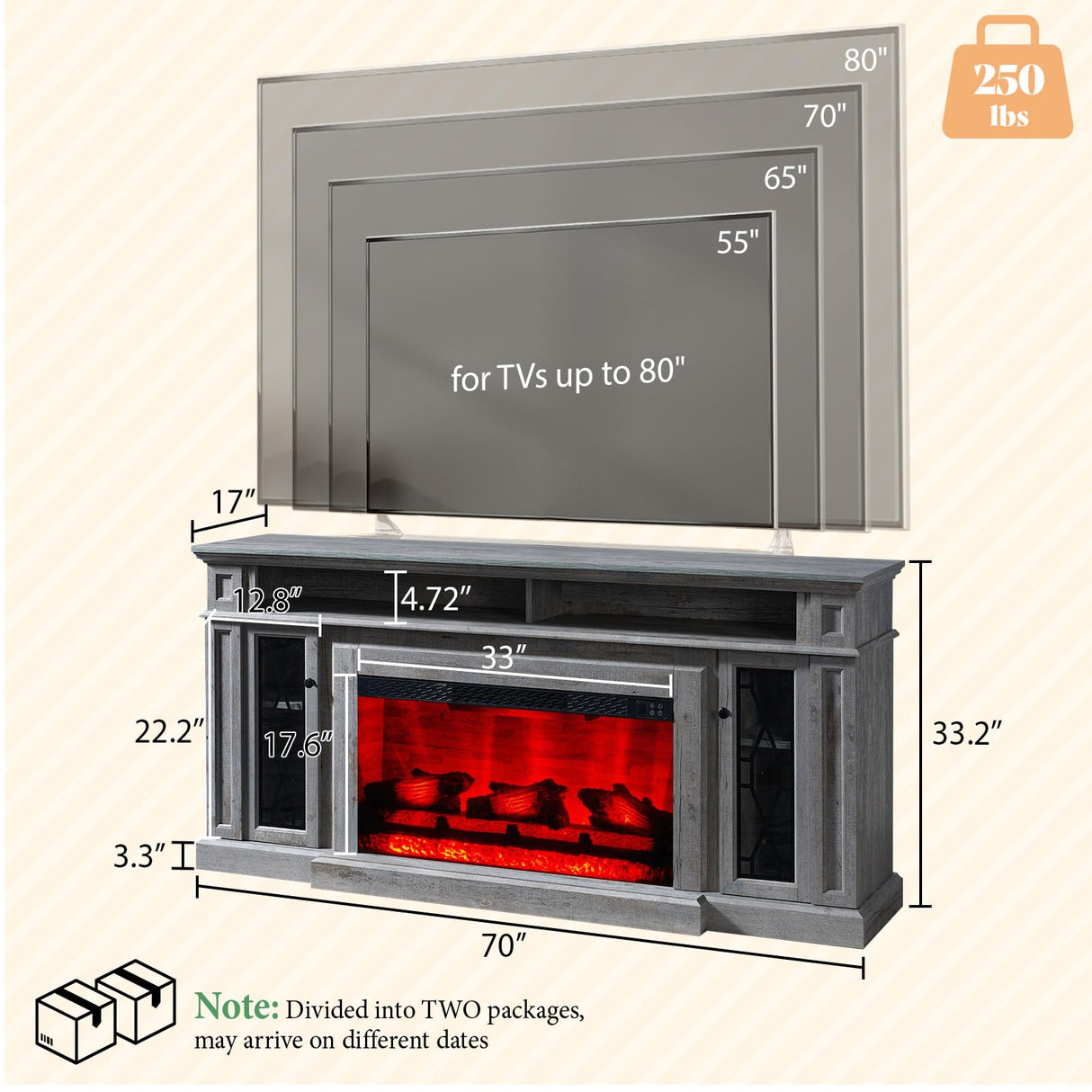 AMERLIFE 70" Farmhouse Heavy Fireplace TV Stand with 33" Electric Fireplace, for 80" TVs up, Media Entertainment Center with Diamond Door, TV Console Storage Cabinet for Living Room, Grey AMERLIFE