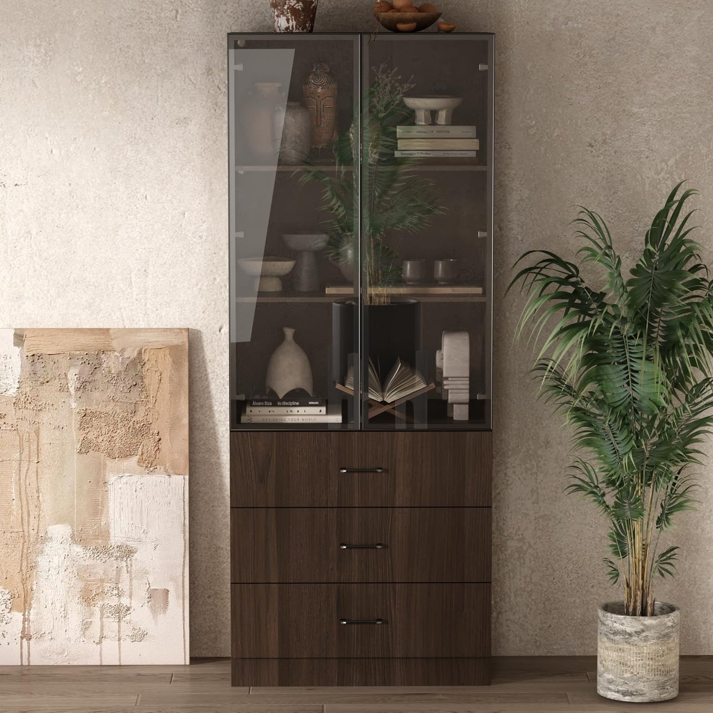 Homsee 31.5”W Storage Display Cabinet Curio Cabinet with Light & Pop-up Glass Doors, Bookcase with 3-Tier Shelves & 3 Drawers for Living Room/Home Office, Dark Brown (31.5”W x 15.7”D x 78.7”H)