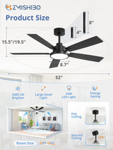 ZMISHIBO Ceiling Fans with Lights and Remote, 52 Inch Black Modern, with 24W 2400LM High Bright LED Light, Quiet Powerful DC Pure Copper Motor for Bedroom, Kitchen, Living Room ZMISHIBO