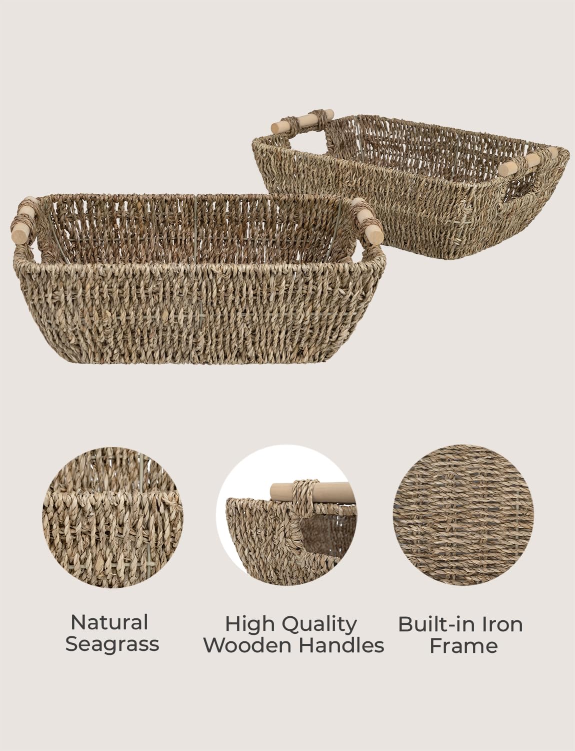 StorageWorks Hand-Woven Large Storage Baskets with Wooden Handles, Seagrass Wicker Baskets for Organizing, 2-Pack StorageWorks