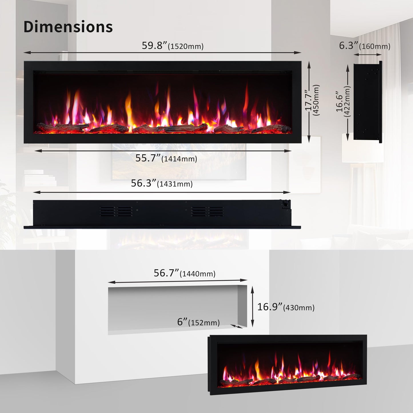 PuraFlame Bernice 60 Inch Smart Linear Electric Fireplace - Clean Hidden Vent Design, Flame with 9 Colors, Recessed in-Wall or Wall-Mount or Free Standing, Compatible with Alexa and Google Assistant