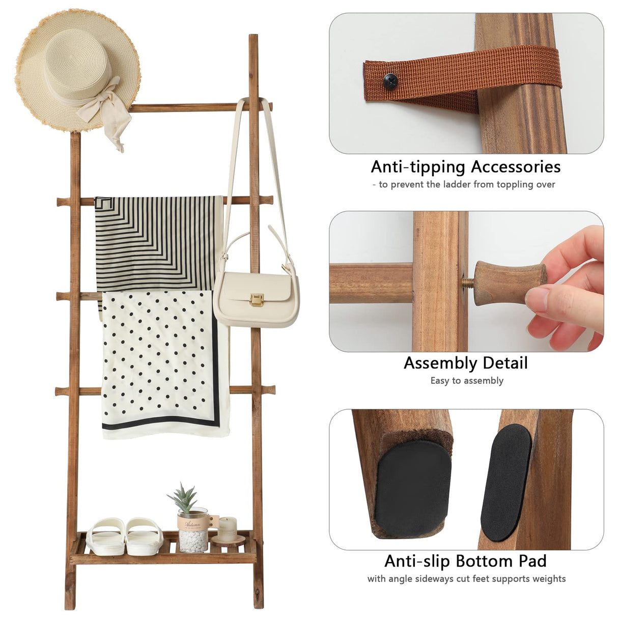 FUIN 5ft Wood Blanket Ladder with Bottom Shelf for Living Room Decorative Wall Leaning Farmhouse Quilt Display Holder Storage Rustic Wooden Towel Rack for Bathroom, Light Brown FUIN