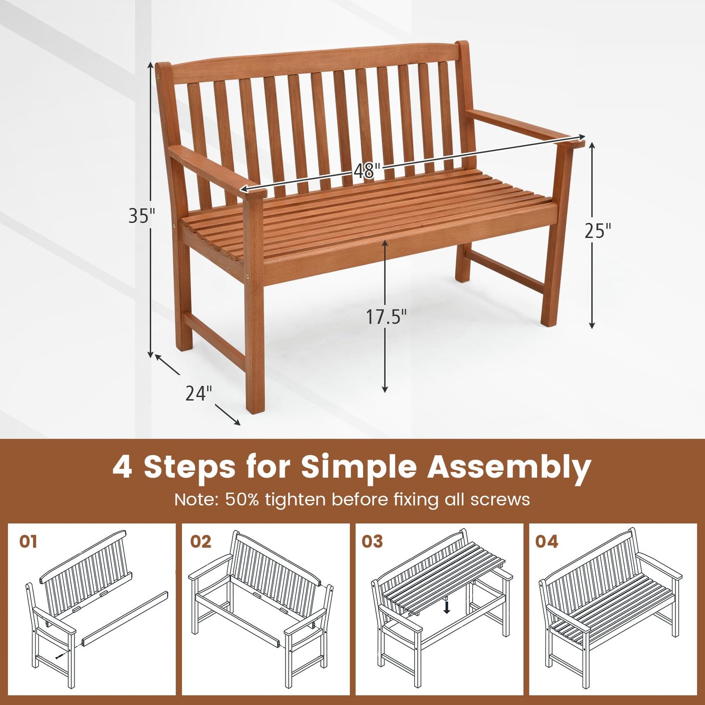 Tangkula 2-Person Eucalyptus Outdoor Garden Bench with Backrest and Armrests, Natural Finish - WoodArtSupply