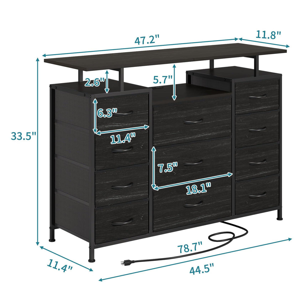 LUMTOK 11 Drawers Dresser with Fabric Drawers,Charging Station, LED Lights and Shelves for Bedroom, Living Room, Hallway, Nursery Storage Organization (Black Wood Veins) LUMTOK