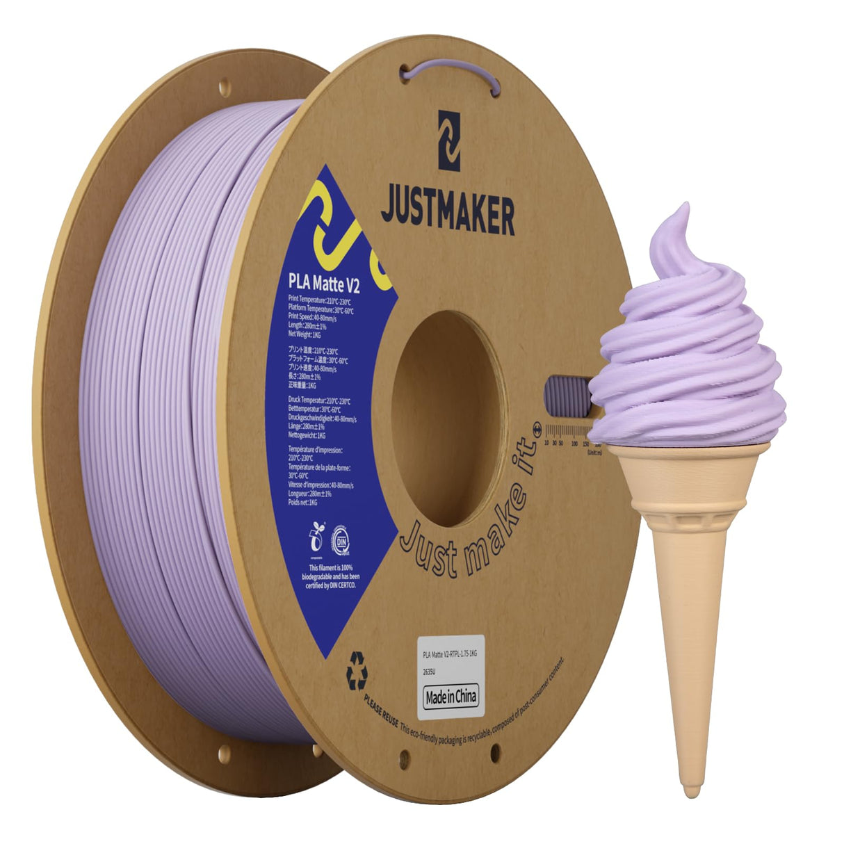 JUSTMAKER Matte PLA+ 3D Printer Filament, Upgrade Cardboard Spool, Dimensional Accuracy +/-0.03mm, 1.75mm, 1kg, Rattan Purple JUSTMAKER
