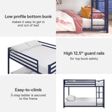 DHP Miles Low Metal Bunk Bed Frame for Kids, With Built-in Ladder, High Guardrail and Metal Slats, Floor Bed Bottom Bunk, No Boxspring Required, For Small Spaces, Full-Over-Full, Blue DHP