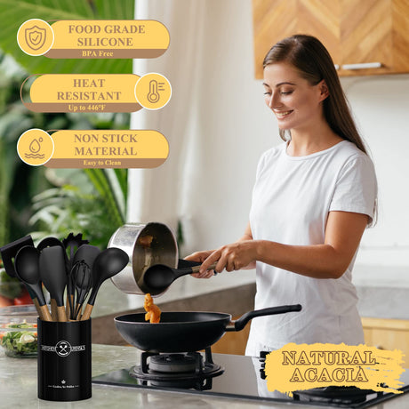 Silicone Kitchen Cooking Utensil Set, 9Pcs Kitchen Utensils Spatula Set with Wooden Handle for Nonstick Cookware, 446°F Heat Resistant Silicone Kitchen Gadgets Utensil Set with Large Holder（Black） CACOLES