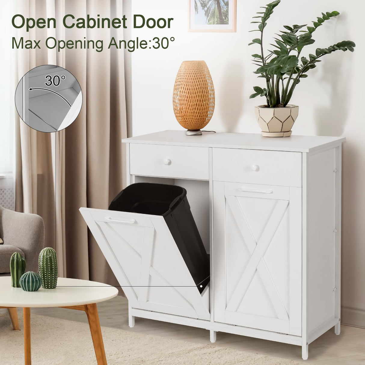 Clevich Double Tilt Out Trash Cabinet 20 Gal, Kitchen Wooden Recycling Cabinet, Hidden Trash Can Holder w/Drawers & Tabletop, Dog-Proof Trash Bin Cabinet, Trash Bins NOT Included(White) Clevich