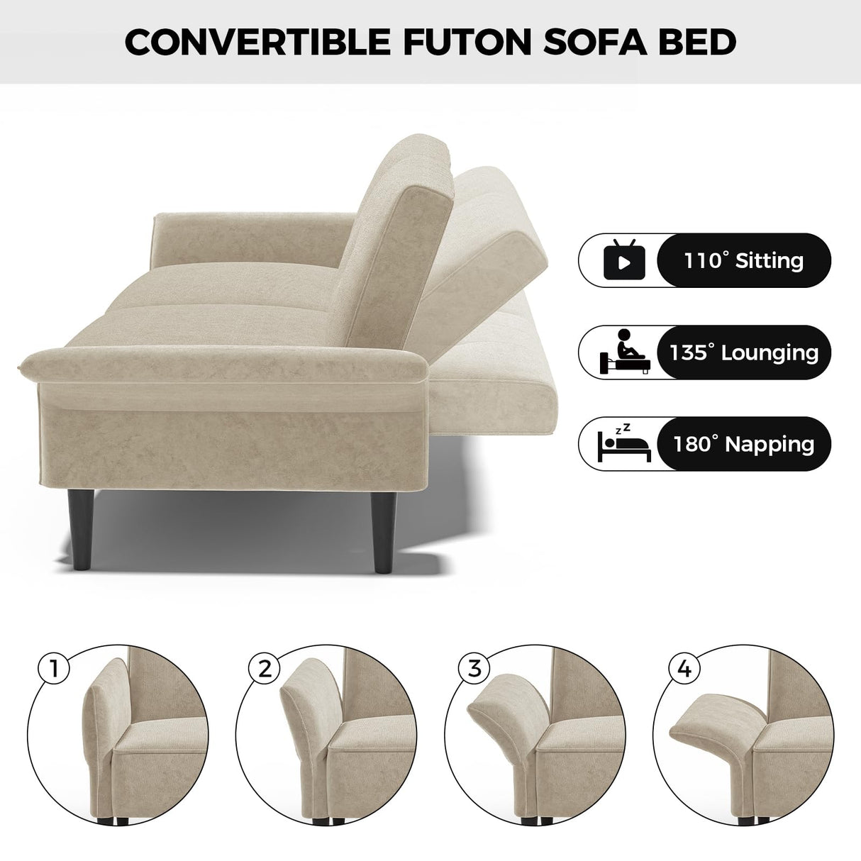 COPIAE 89” Futon Sofa Bed, Velvet Fabric Comfy Futon Couch Bed with 2 Square Pillows, Convertible Sleeper Sofa with Adjustable Backrest& Armrests, Modern Loveseat Sleeper for Living Room, Beige COPIAE