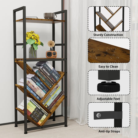6-Tier Tree Bookshelf for Corner & Small Spaces, Modern Rustic Metal Bookcase Storage Organizer for Books, CDs, Movies – Industrial Floor Standing Bookshelves for Bedroom, Living Room, Home Office Faesun