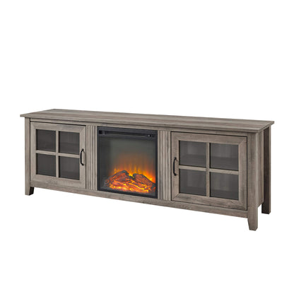 Walker Edison Bern Classic 2 Glass Door Fireplace TV Stand for TVs up to 80 Inches, 70 Inch, Grey Wash