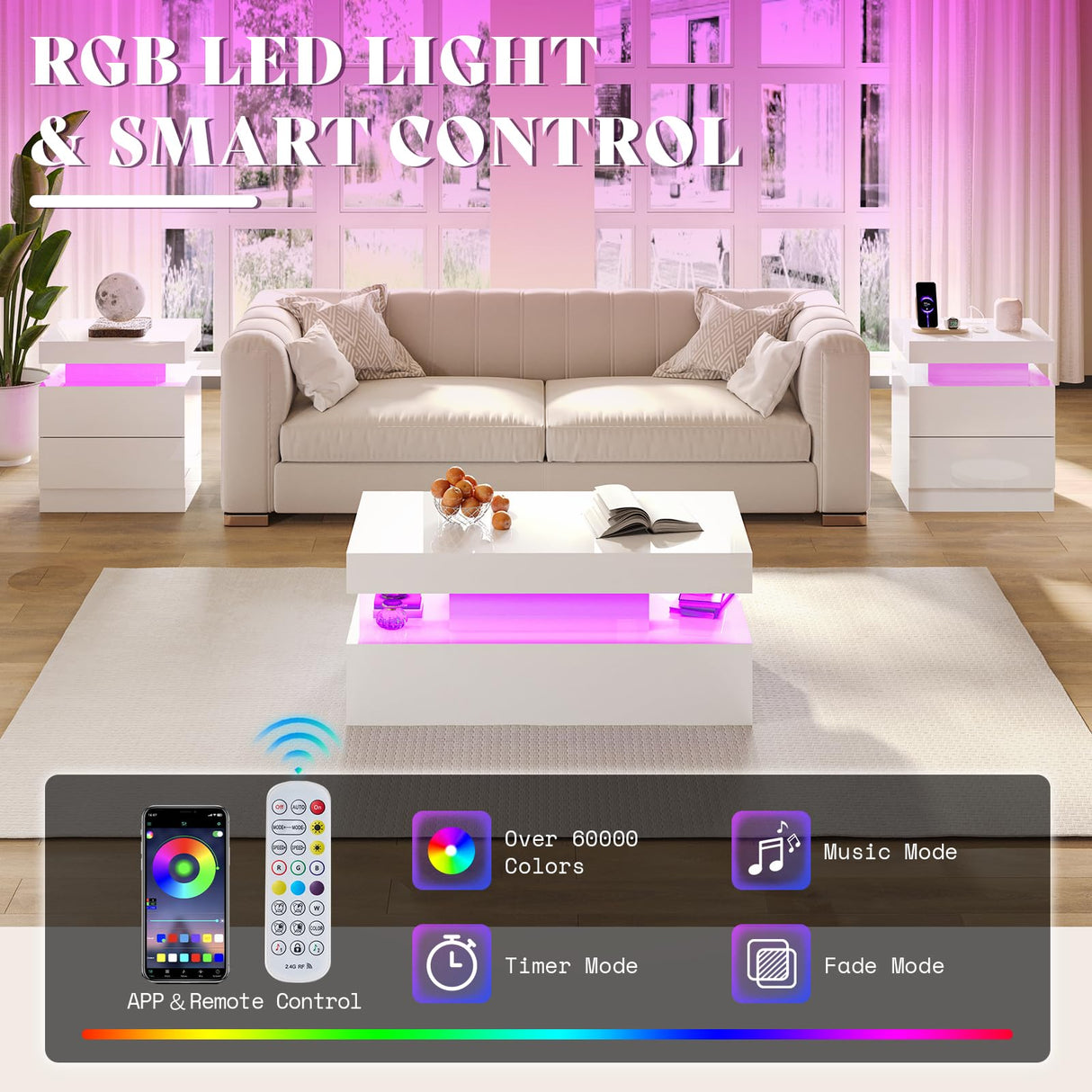 AMERLIFE 5 Piece Modern Living Room Table Set, Includes 70" Fireplace TV Stand, 2-Tier Coffee Table, 2 X Side Tables with Charging Station, LED Media Furniture, White AMERLIFE