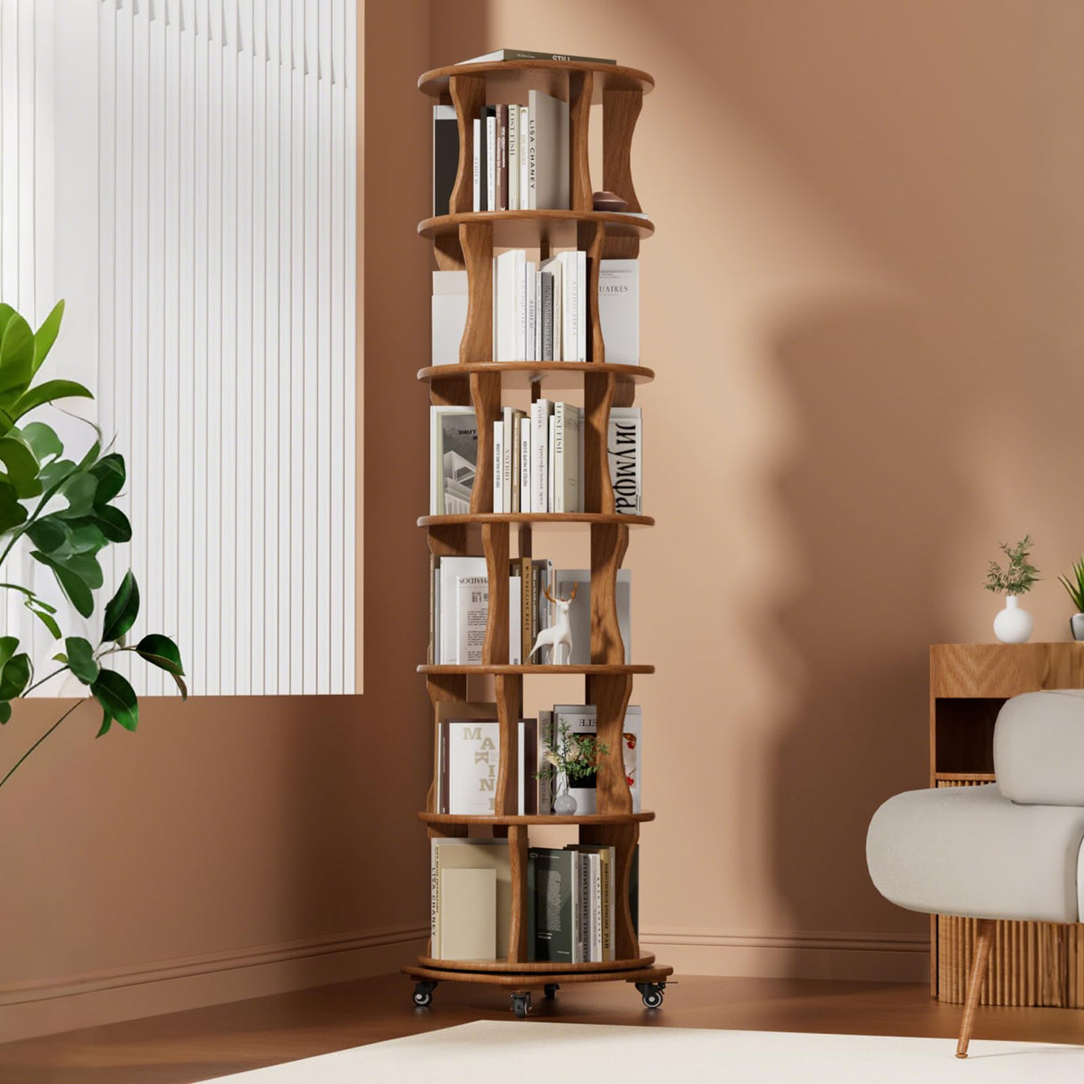 6 Tier Solid Wood Rotating Bookshelf with Wheels, Round Revolving Bookcase Organizer, 360° Spinning Storage Shelf for Corner, Small Narrow Spaces, Home, Office, BedRoom,Living Room,Study Room Drogenble