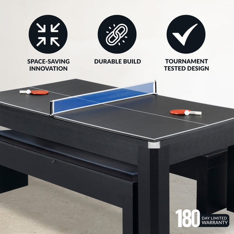 Hathaway Park Avenue 7 Ft Multi Game Pool Table Combo with Dining Top and Ping Pong – Includes Set of Benches for Home Storage and Accessories – Red & Black Finish Hathaway