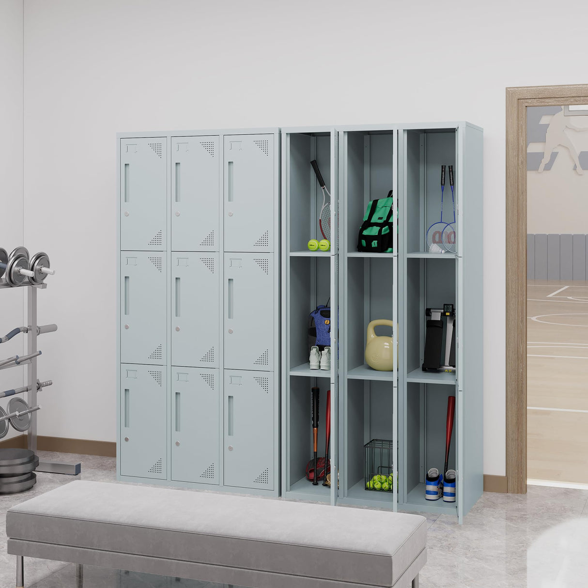 Anxxsu Metal Locker with 9 Doors Employees Locker, Metal Storage Locker with Hooks, 71" Storage Cabinet Lockers for Employees, Home, Office, Gym Requires Assembly (Grey) Anxxsu