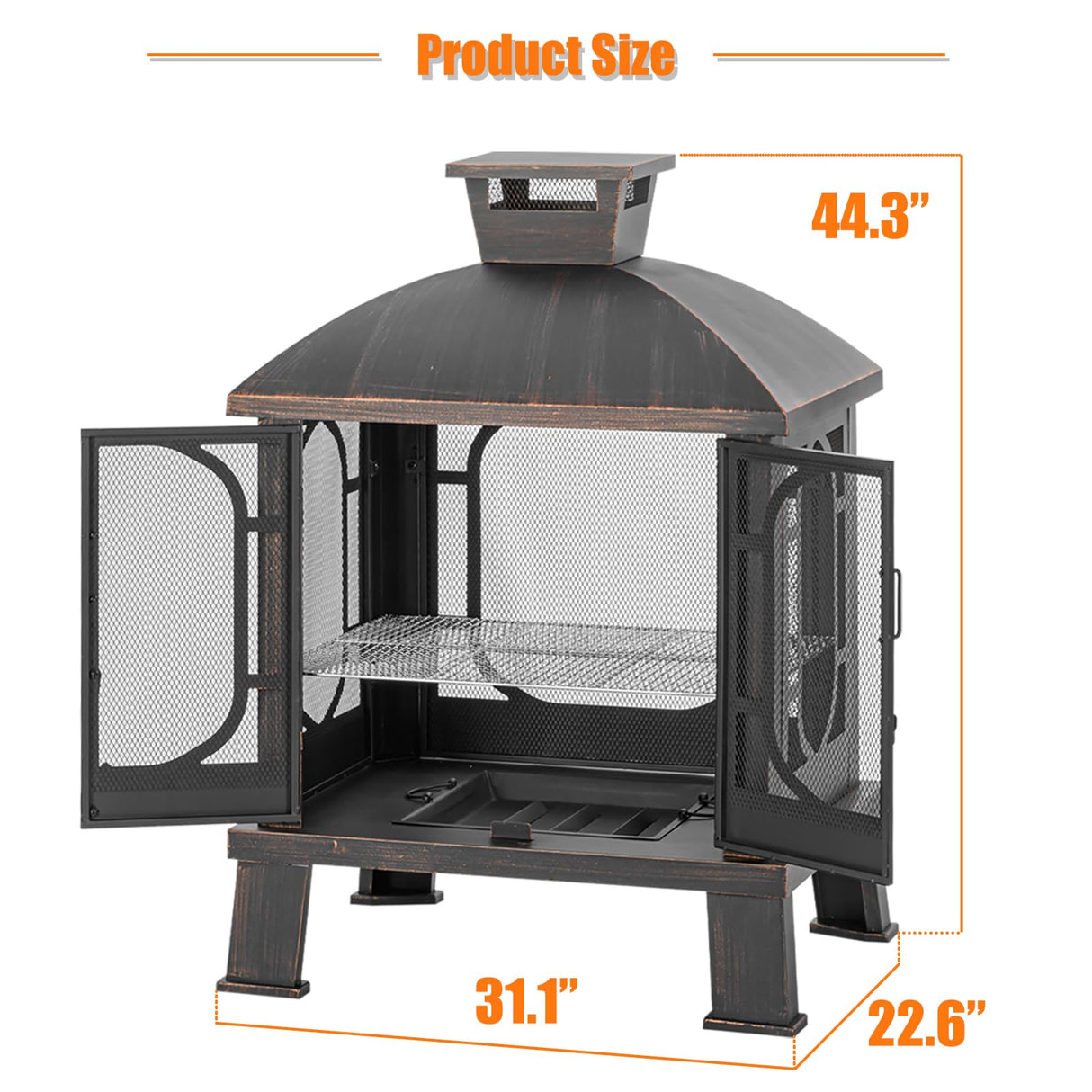 Panovue 45" H×31''W Metal Chiminea Fire Pit with Grill, Wood Burning Fire Pits for Outside,Square Chimineas Fireplace with Mesh Spark Screen Door& Fire Poker for Garden,Yard,BBQ,Bonfire Panovue
