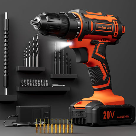 Cordless Drill Set, 20V Power Drill with Power Pack 2.0Ah and Charger, 3/8-Inch Keyless Chuck Electric drill, 25+1 Position, 42pcs Drilldriver Bits/Screws for DIY Projects (Orange) VIWKO
