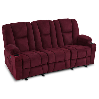 MCombo Power Reclining Sofa with Heat and Vibration,USB Ports, Cup Holders,3-Seat Dual Recliner Sofa for Living Room 6015 (Burgundy)