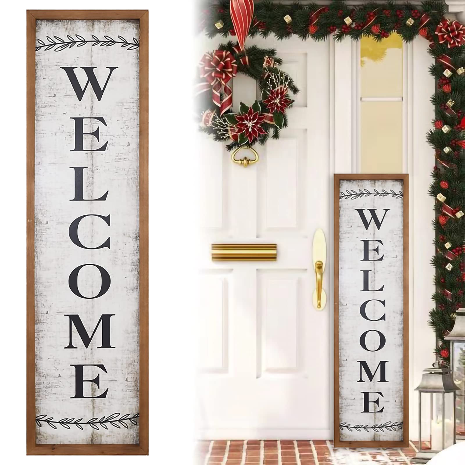 Large Antique Wood Framed Vertical Welcome Sign for Front Door, Porch, Farmhouse Country Welcome Sign Decor, Freestanding or Wall Mount, 36 Inch - WoodArtSupply