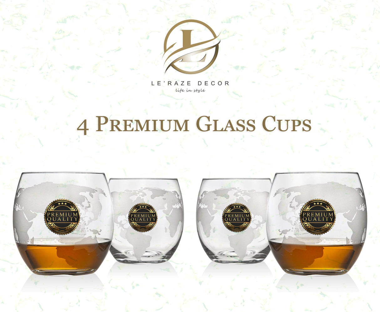 Attractive Home Bar Décor 5pc Whiskey/Wine Globe Decanter Set, World Etched Bottle with 4 Premium Glass Cups on Attractive Mahogany Wood Stand. - THE PERFECT PRESENT - Le'raze