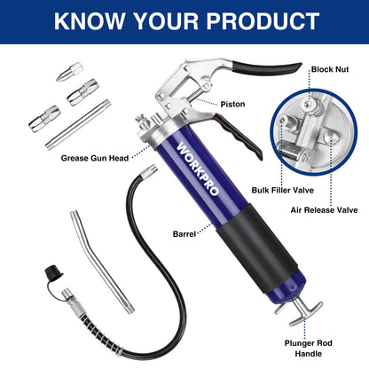 WORKPRO Grease Gun Kit, 6000PSI Heavy Duty Grease Gun with 18inch Flexible Hose, 2 Fixed Tubes and 3 Nozzles, 14oz Load - WoodArtSupply