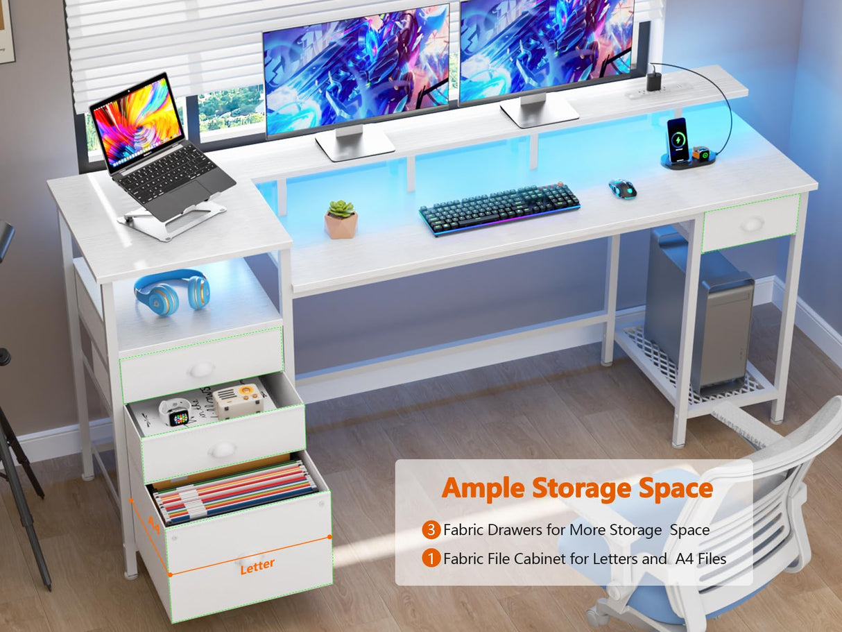 Furologee White Computer Desk with 4 Drawers, 60" Long Office Desk with Fabric File Cabinet and Power Outlets, Gaming Desk with LED Lights, Study Writing Work Desk with Shelf for Home Office Furologee
