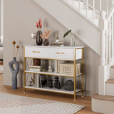 HITHOS Industrial Console Table with Drawers, Vintage Hallway Foyer Table with Storage Shelves, Narrow Long Sofa Entryway Table for Living Room, White/Gold HITHOS