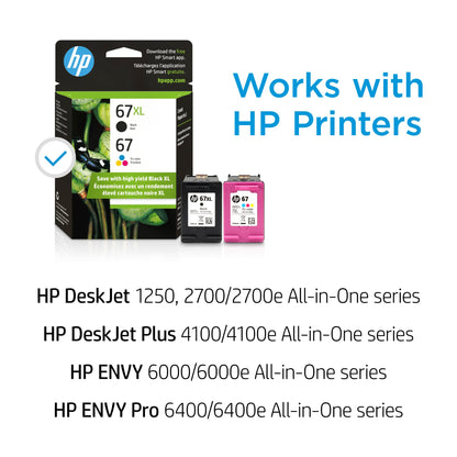 Original HP 67 Tri-color / 67XL Black Ink Cartridges (2-pack) | Works with HP DeskJet 1255, 2700, 4100 Series; HP ENVY 6000, 6400 Series | Eligible for Instant Ink | 3YP30AN