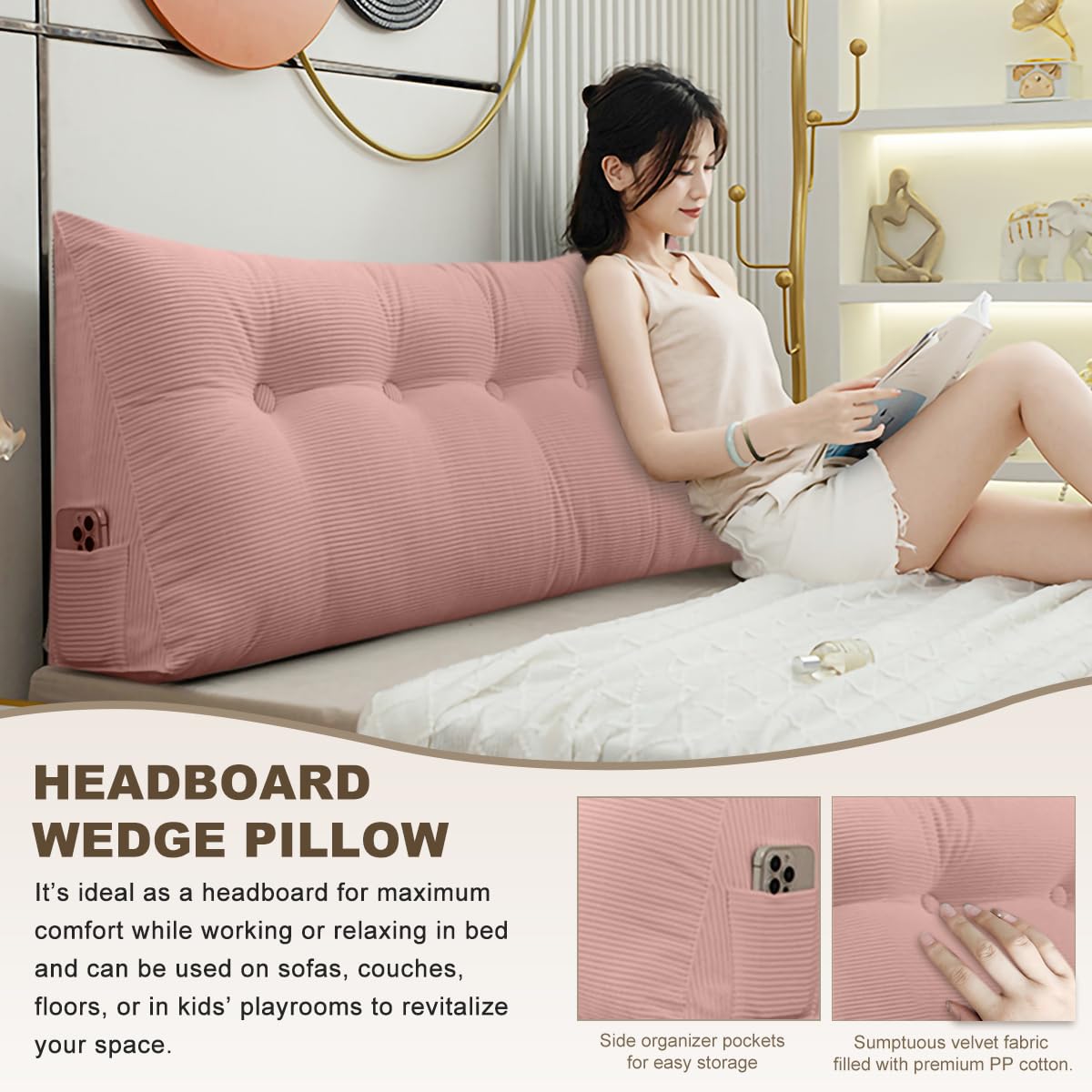 Shuyeon Wedge Pillow Headboard Triangular Bed Wedge Pillow for Headboard, Headboard Pillow Reading Pillow for Daybeds and Bunk Beds with Removable Velvet Cover Shuyeon