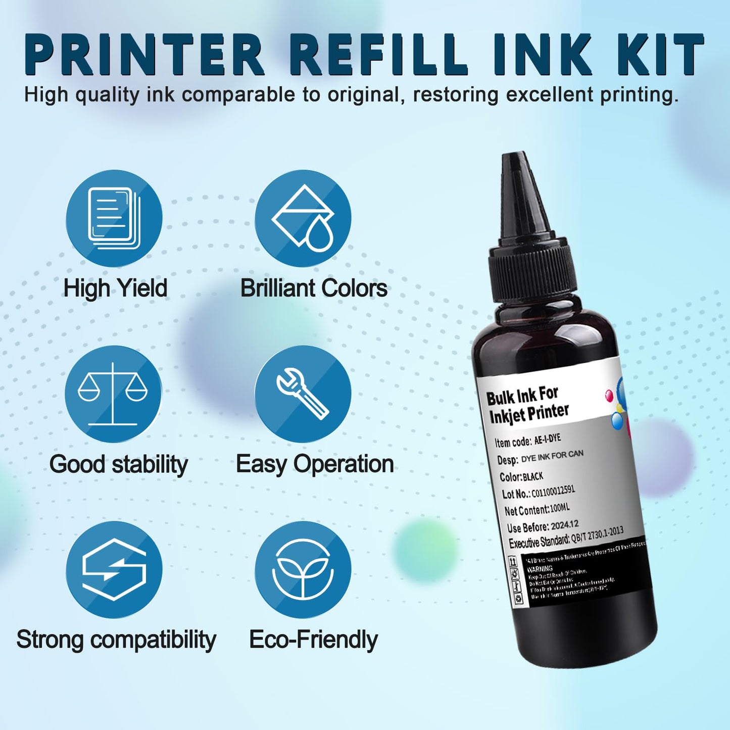 KSUMEI Ink Refill Kit for Canon 210 240 243 245 250 270 280 CL 241 244 246 251 271 281XL PGI-225 CLI-226 PGI-1200 PGI-2200 Ink Cartridge Bottle (2*Black, 100 ml)