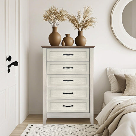 MilleLoom Farmhouse 5 Drawers Dresser Chests for Bedroom, Wood Vintage Dresser 5 Drawer, Tall Dressers for Storage Organizer, for Living Room, Kids Bedroom, Nursery Hallway Closet MilleLoom