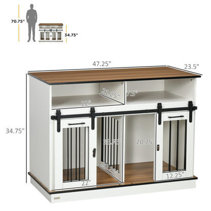 PawHut Dog Crate Furniture for Large Dogs or Double Dog Kennel for Small Dogs with Shelves, Sliding Doors, 47" x 23.5" x 35", White - WoodArtSupply