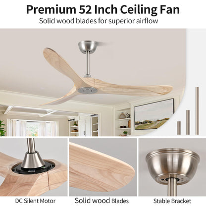 52 Inch Ceiling Fans Without Lights, Solid Wood Ceiling Fan with Remote Control and DC Silent Motor for Patio, Living Room, Bedroom, Nature Wood (Includes 3 Downrods)