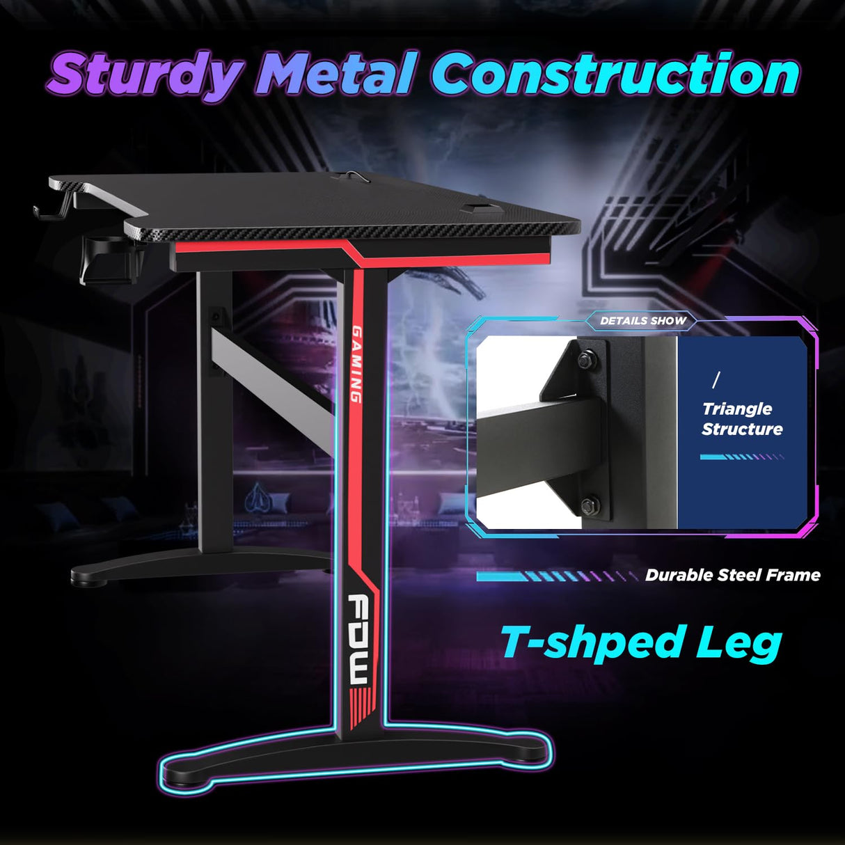 FDW 47 Inch Computer Desk Gaming Desk Writing Desk Office Desk Student PC Desk Extra Large Modern Ergonomic Racing Style Table Workstation for Adult Teens,Black FDW