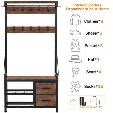 Lulive Hall Tree, 31.5” Entryway Bench with Coat Rack freestanding, 5 in 1 Intelligent Design Shoe Bench and Wall Rack 17 Hooks and Drawers (Rustic Brown) Lulive
