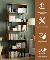 Gadroad 6 Tier Geometric Bookcase,S Shaped Bookshelf, Wood Decorative Storage Shelving, Modern Freestanding Display Shelves, Tall Book Shelf Unit for Living Room Bedroom, Rustic Brown Gadroad
