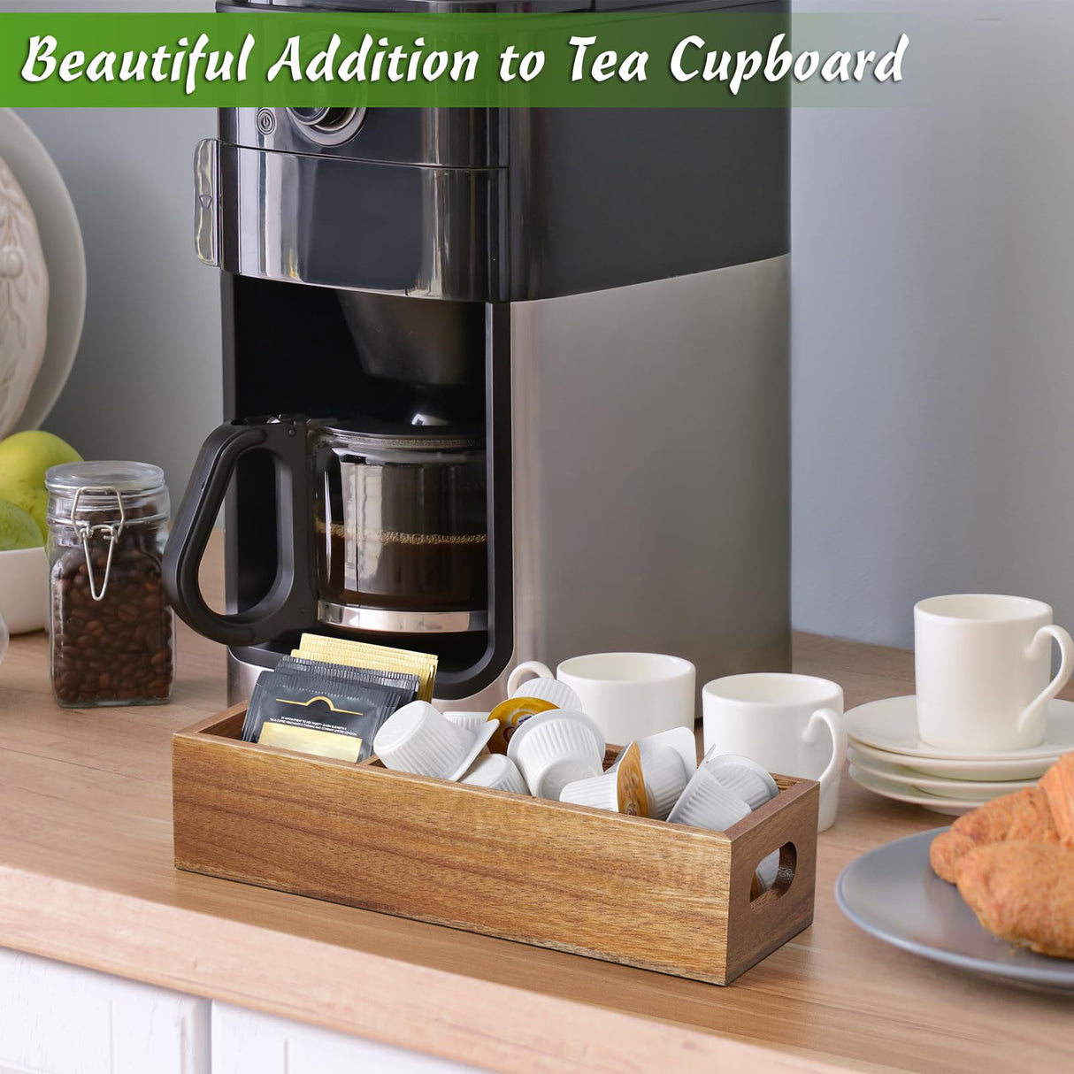 DRASTAR Tea Bag Organizer, Acacia Tea Bag Holder, Tea Storage Containers with 3 Slots, Wooden Tea Storage Accessories, Mini Tea Bag Caddy Box for Countertop DRASTAR