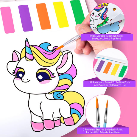 Fenmay Paint with Water Coloring Books for Kids, Mess Free Watercolor Paint Sets with 2 Premium Brushes, Arts and Crafts Birthday Gift for Kids Age 3-5 4-8, Travel Activities Toy (Unicorn) Fenmay