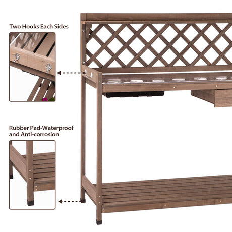 GUTINNEEN Potting Bench Garden Table for Plants Outside Outdoor Wooden Garden Work Bench with Sink Storage PVC Layer Drawer Shelf Hook for Gardening GUTINNEEN