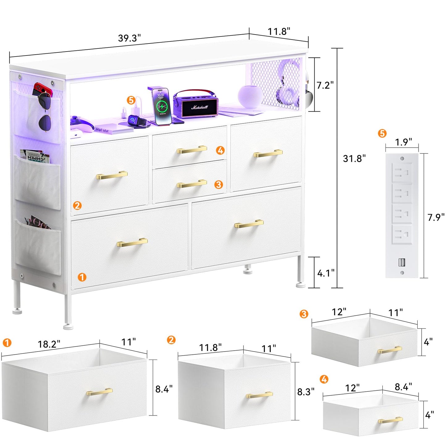 YILQQPER Dresser for Bedroom TV Stand with Power Outlets and LED Light, 6 Drawers Dresser with Side Pockets & Hooks, Wide Dresser with Shelves for 45" TV, Fabric Chest of Drawers with PU Fini - WoodArtSupply