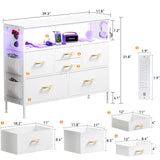 YILQQPER Dresser for Bedroom TV Stand with Power Outlets and LED Light, 6 Drawers Dresser with Side Pockets & Hooks, Wide Dresser with Shelves for 45" TV, Fabric Chest of Drawers with PU Finish, White YILQQPER