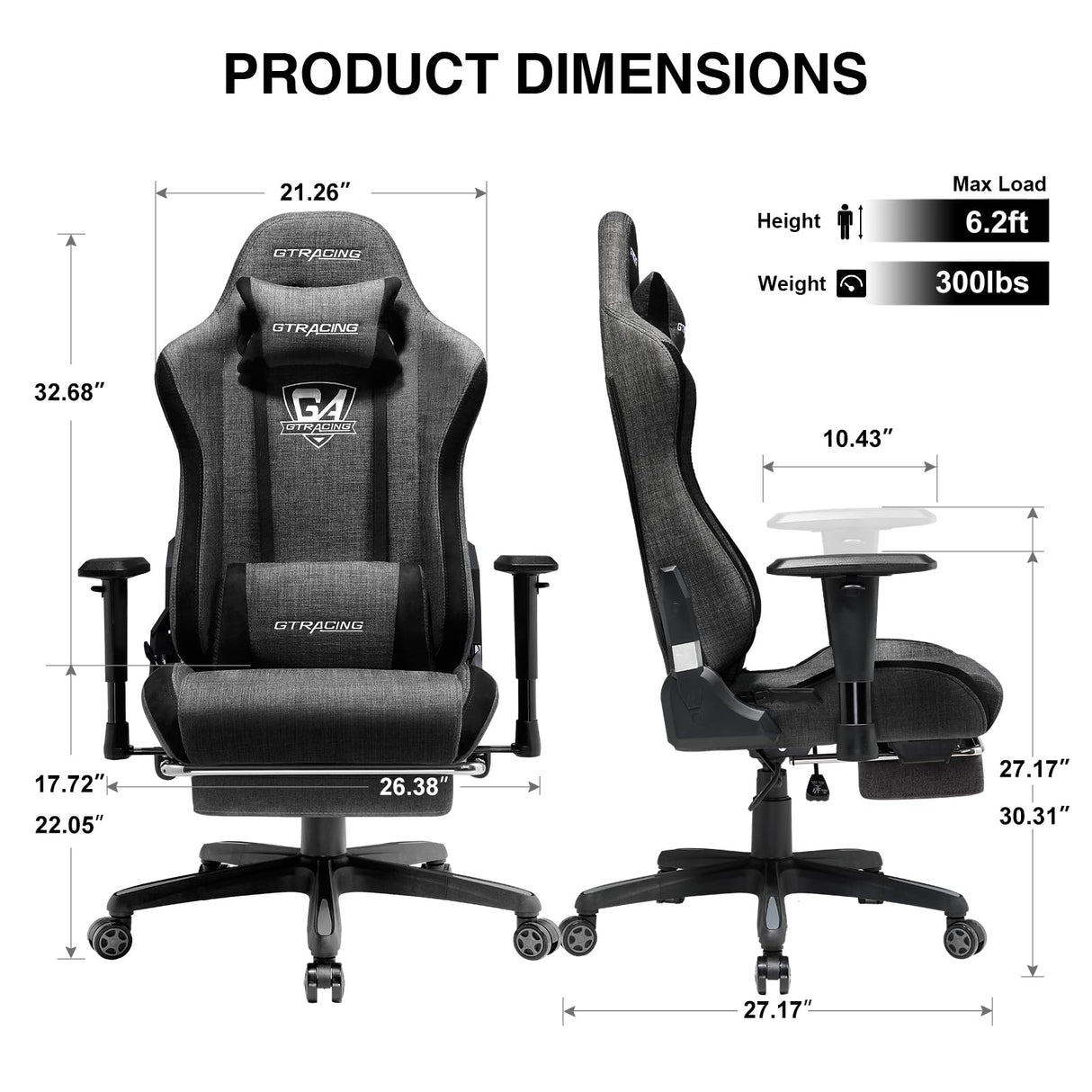 GTRACING Gaming Chair with Footrest, Fabric Breathable Big and Tall Ergonomic Computer Chair 350 lbs with Adjustable Lumbar Support and Recliner, High Back Game Chair for Office Gaming, Darkgray GTRACING