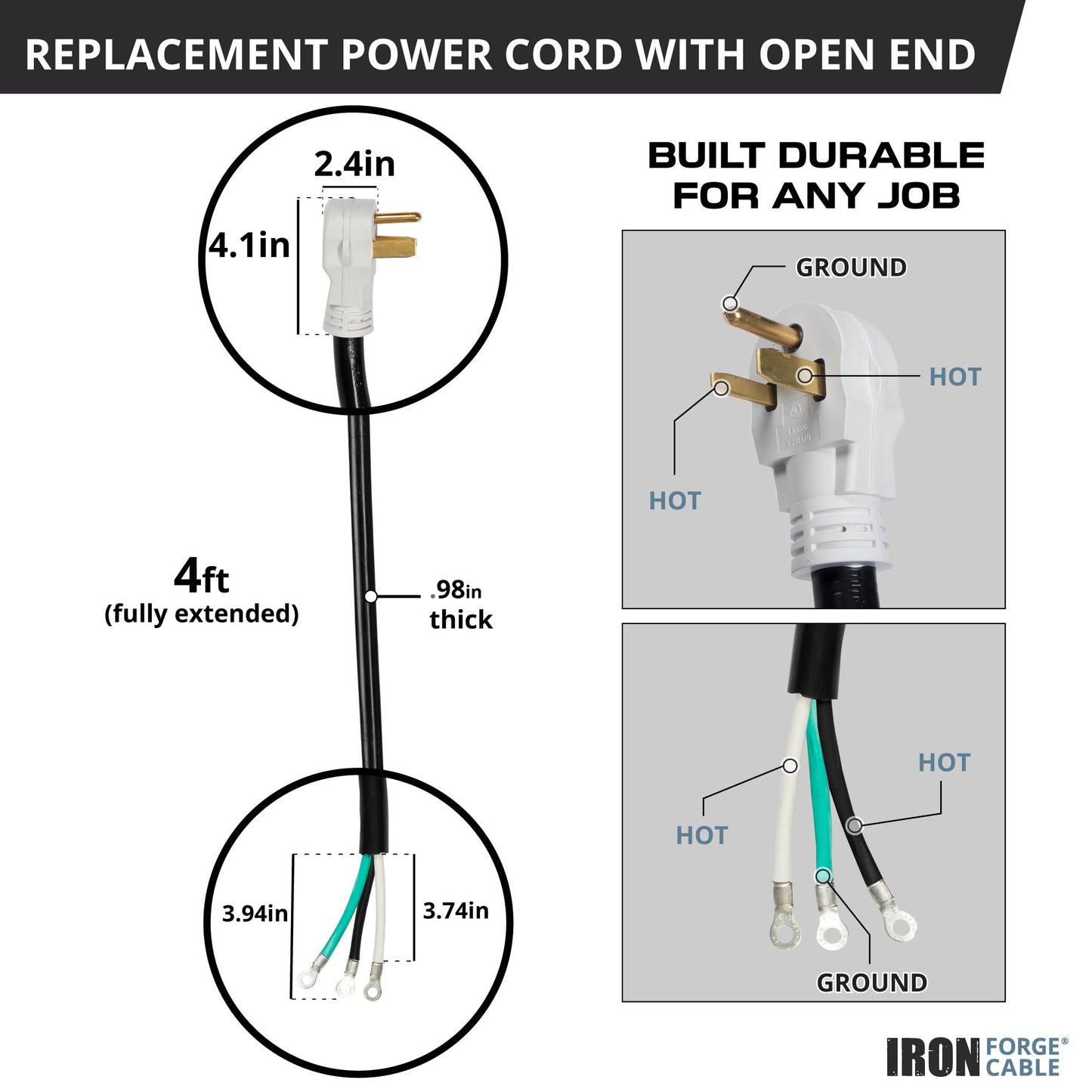 Iron Forge Cable NEMA 6-50 EV Replacement Extension Cord 4 ft with Open End, 50 Amp Power Cord with Eyelet 3 Wire 6/3 Gauge Cord - STW 250V for Level 2 EV Charger & Welder UL Certified - WoodArtSupply