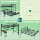 Metal Twin Over Full Bunk Bed Frame with Desk, Loft Platform Mattress Foundation with Steel Slat Support Storage Space Merax