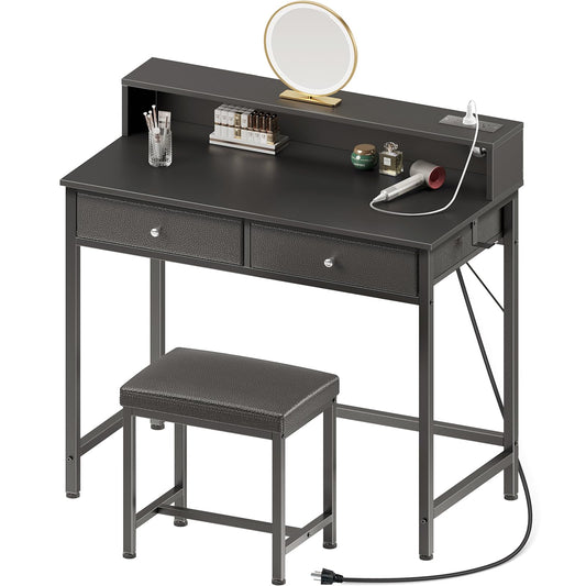 Seventable Vanity Desk Without Mirror, Makeup Vanity with Drawers and Charging Station, Small Desk with Storage for Bedroom, Simple Home Office Computer Desk for Small Spaces, Black